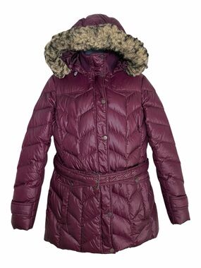 Lands End Women’s M10-12 Plum Down Puffer Coat Faux Fur Hood Belted Chevron